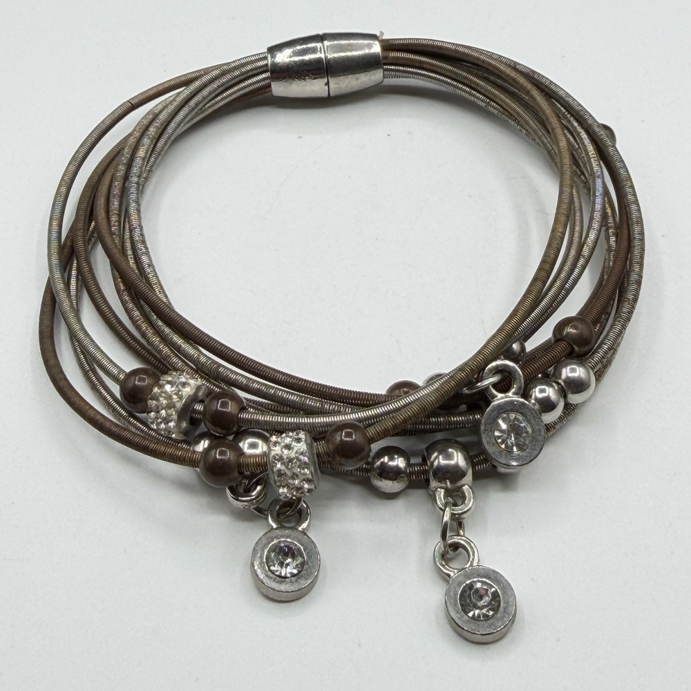 Silver Bronze Tone Multi Strand Bracelet Rhinestone Dangle Charms Magnetic Clasp